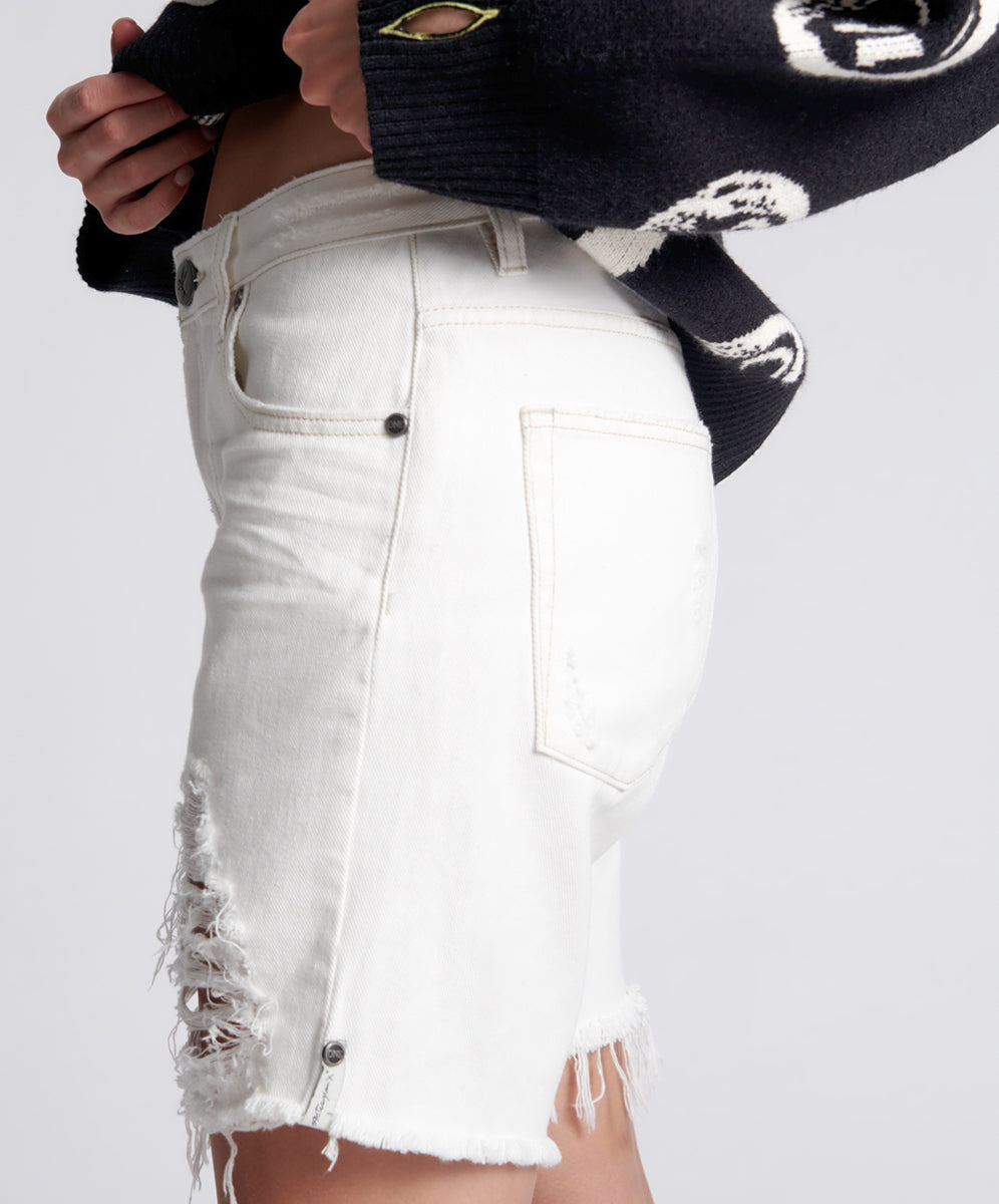 White Beauty Stevies Long Length Boyfriend Shorts