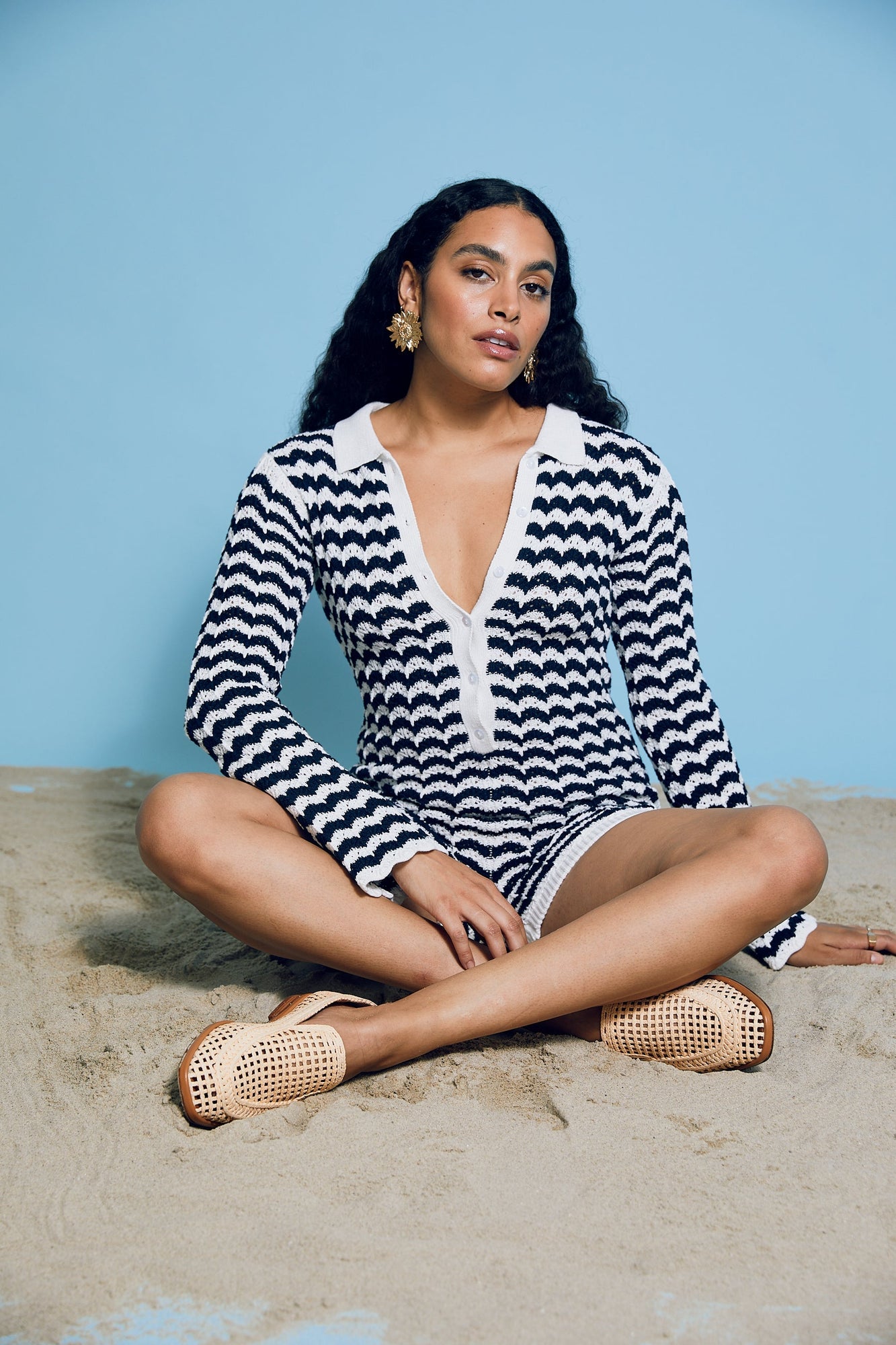 Daisy Knit Romper - Wavy Horizontal Stripes
