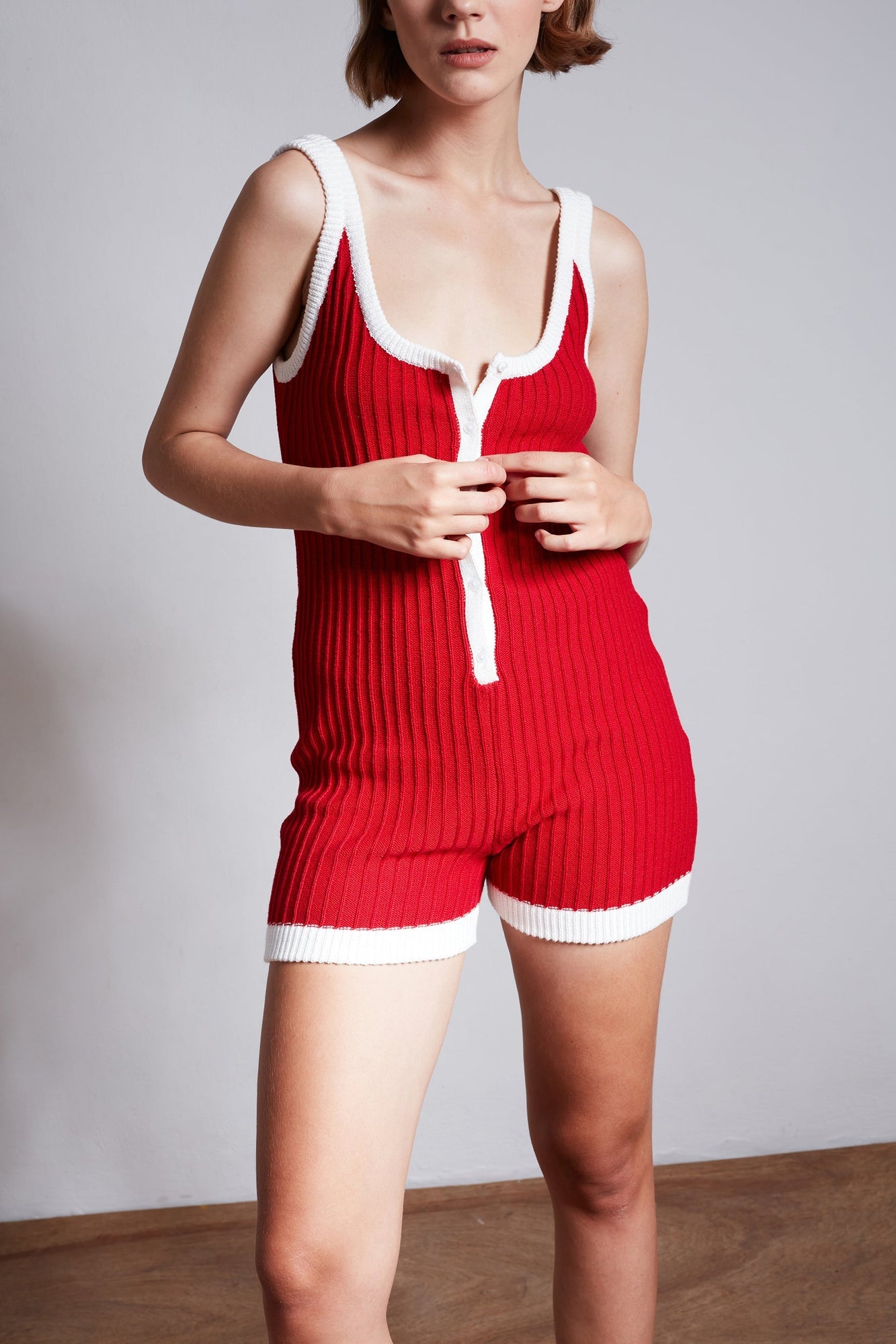 Rosie Knit Romper - Poppy Red White