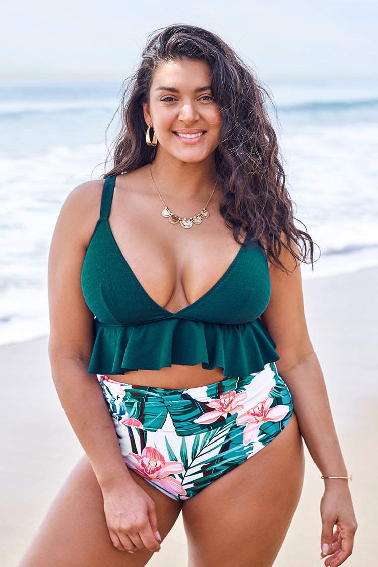 Green and Floral Ruffle Plus Size Bikini