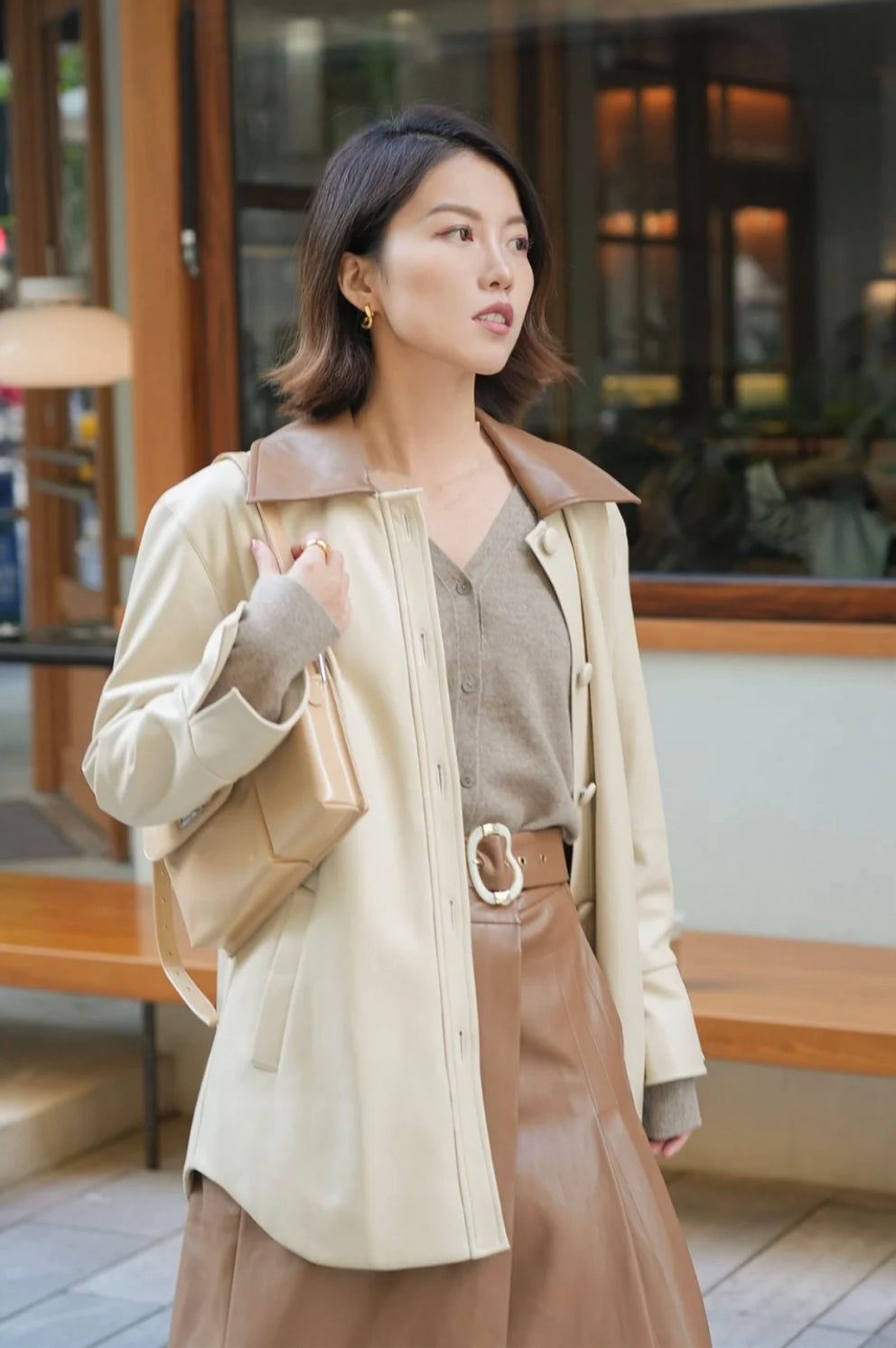 Petite Studio's Sienna Vegan Leather Jacket in Cream
