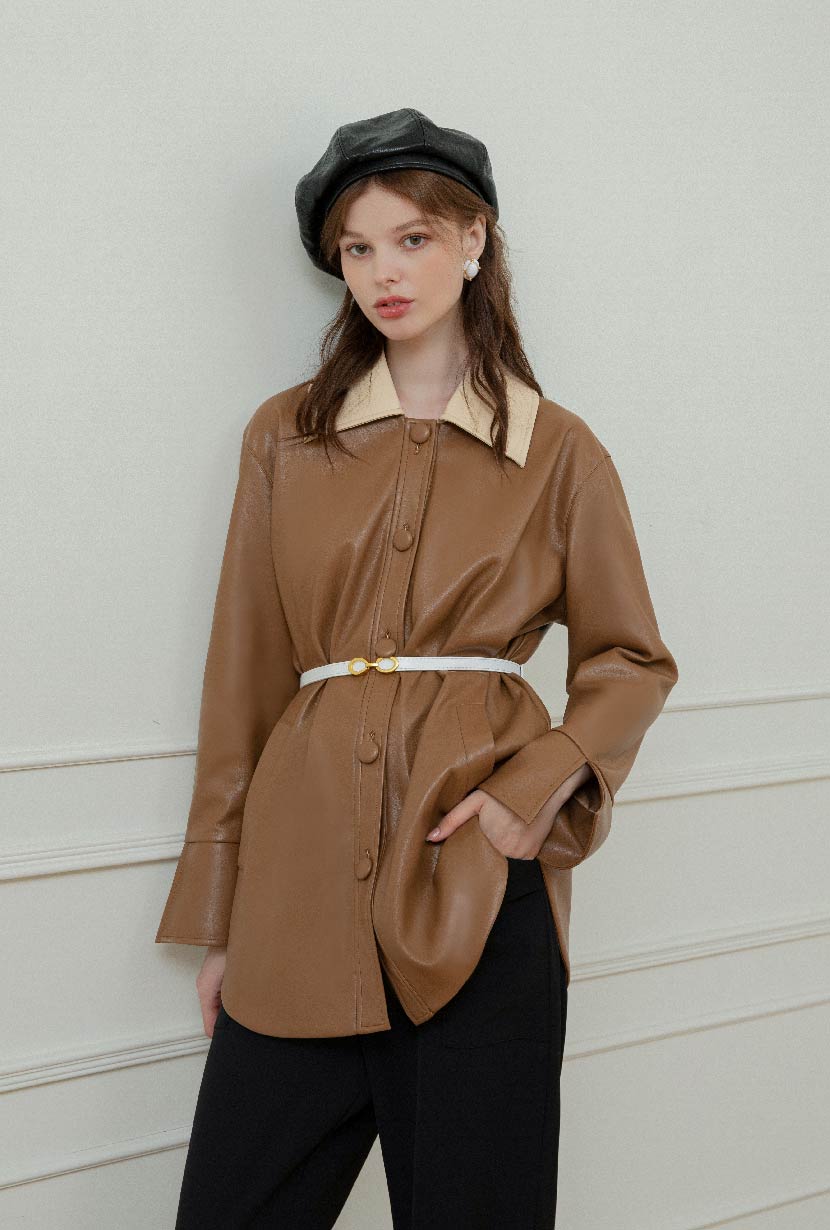 Petite Studio's Sienna Vegan Leather Jacket in Mocha